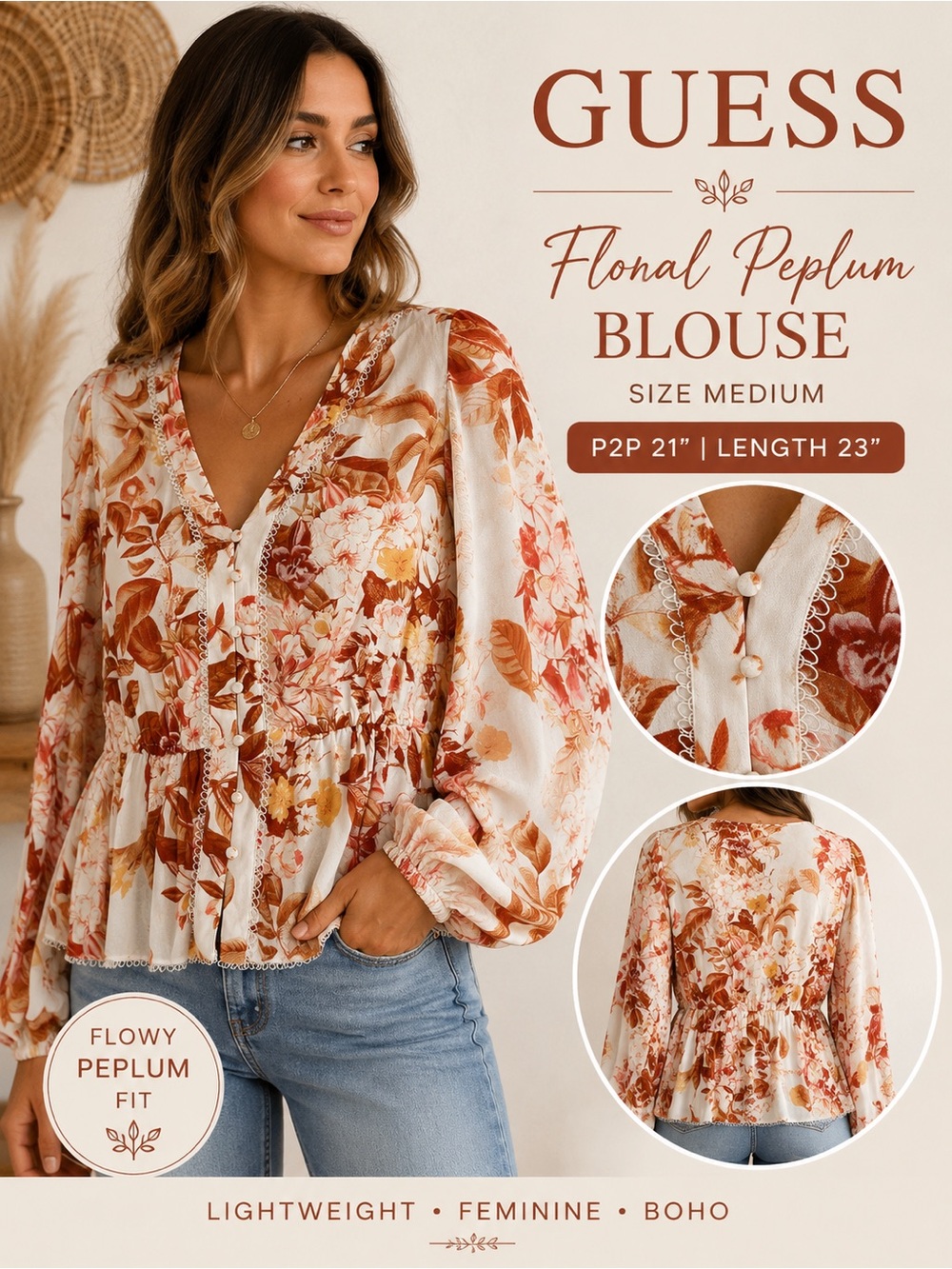 GUESS Floral Peplum Blouse Medium Ivory Rust Boho Long Sleeve Button Front